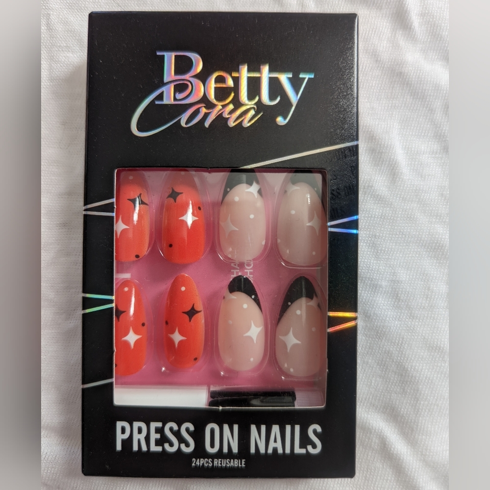 Bettycora medium length almond shaped press on nails in stars moon french tip